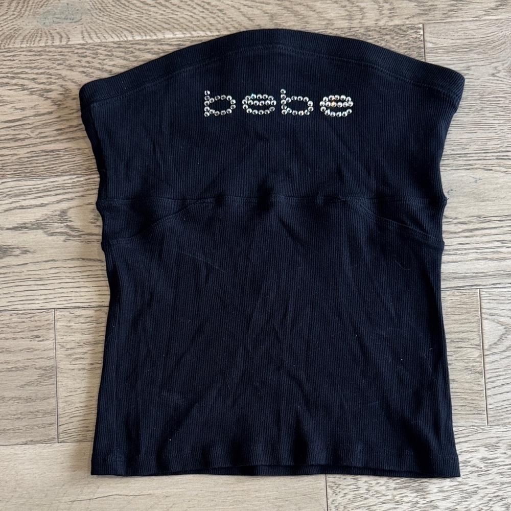 Bebe Black Strapless Top with Rhinestone Logo